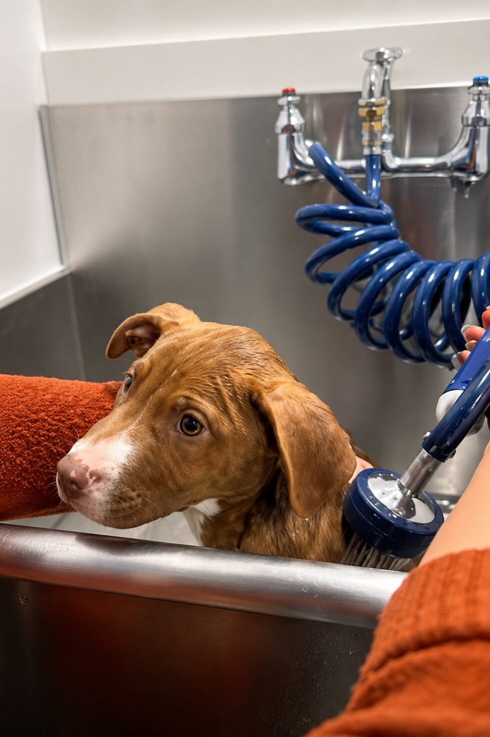 Dog using the self-service wash station at Classie Canines